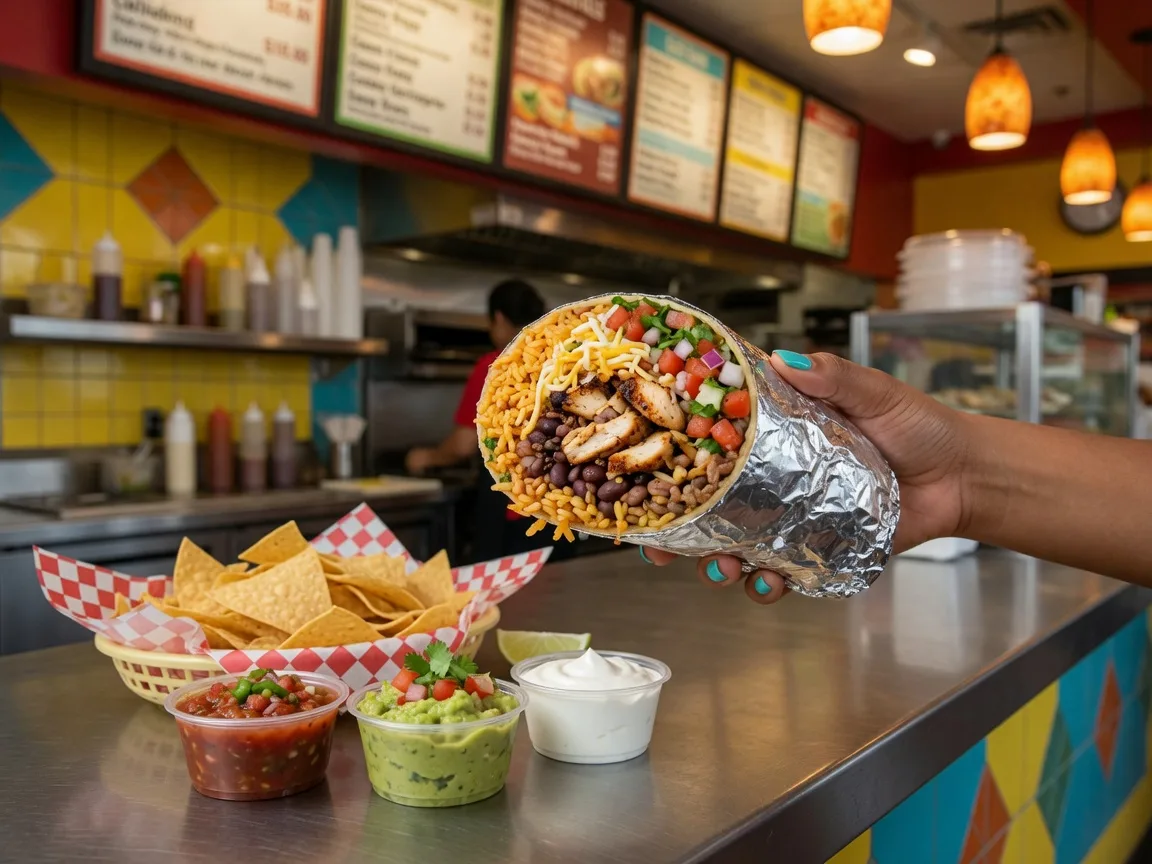 A foil-wrapped build-your-own burrito being handed across a fast-casual Mexican restaurant counter with tortilla chips and salsa