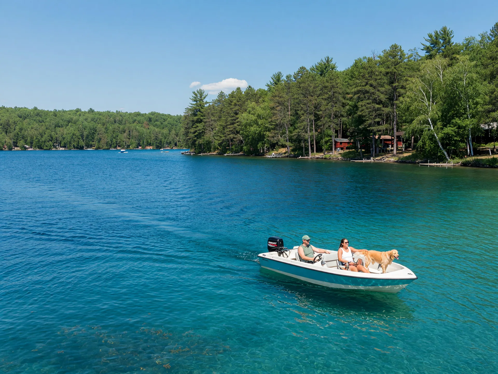 Boat on a clear Minnesota lake with forested shoreline
