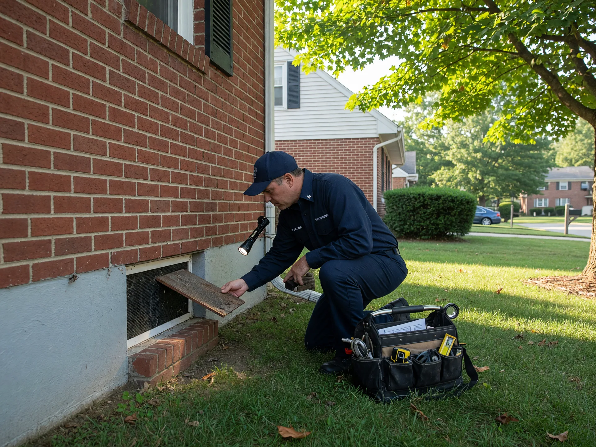 Home inspector examining the exterior foundation of a brick home, demonstrating the kind of thorough pre-listing inspection that gives sellers confidence