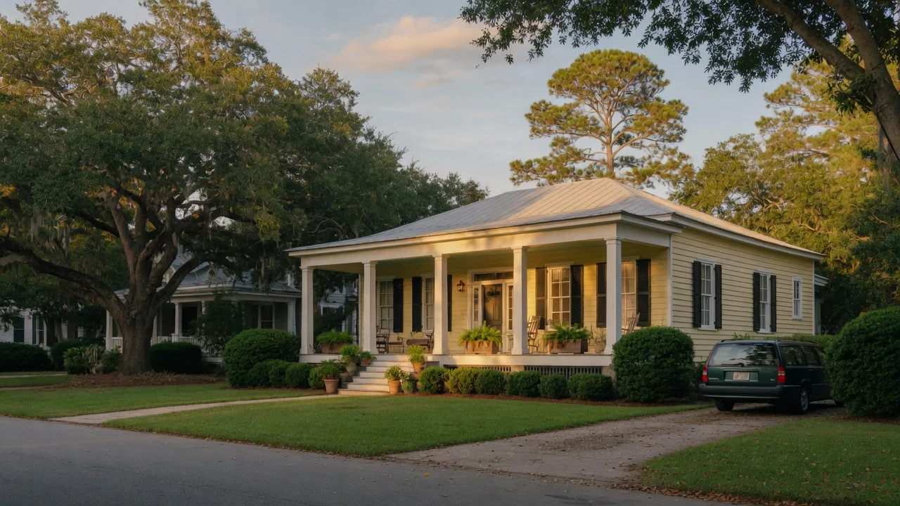 A classic Charleston-area Lowcountry home with a white-columned front porch among live oaks and pines in warm late-afternoon light