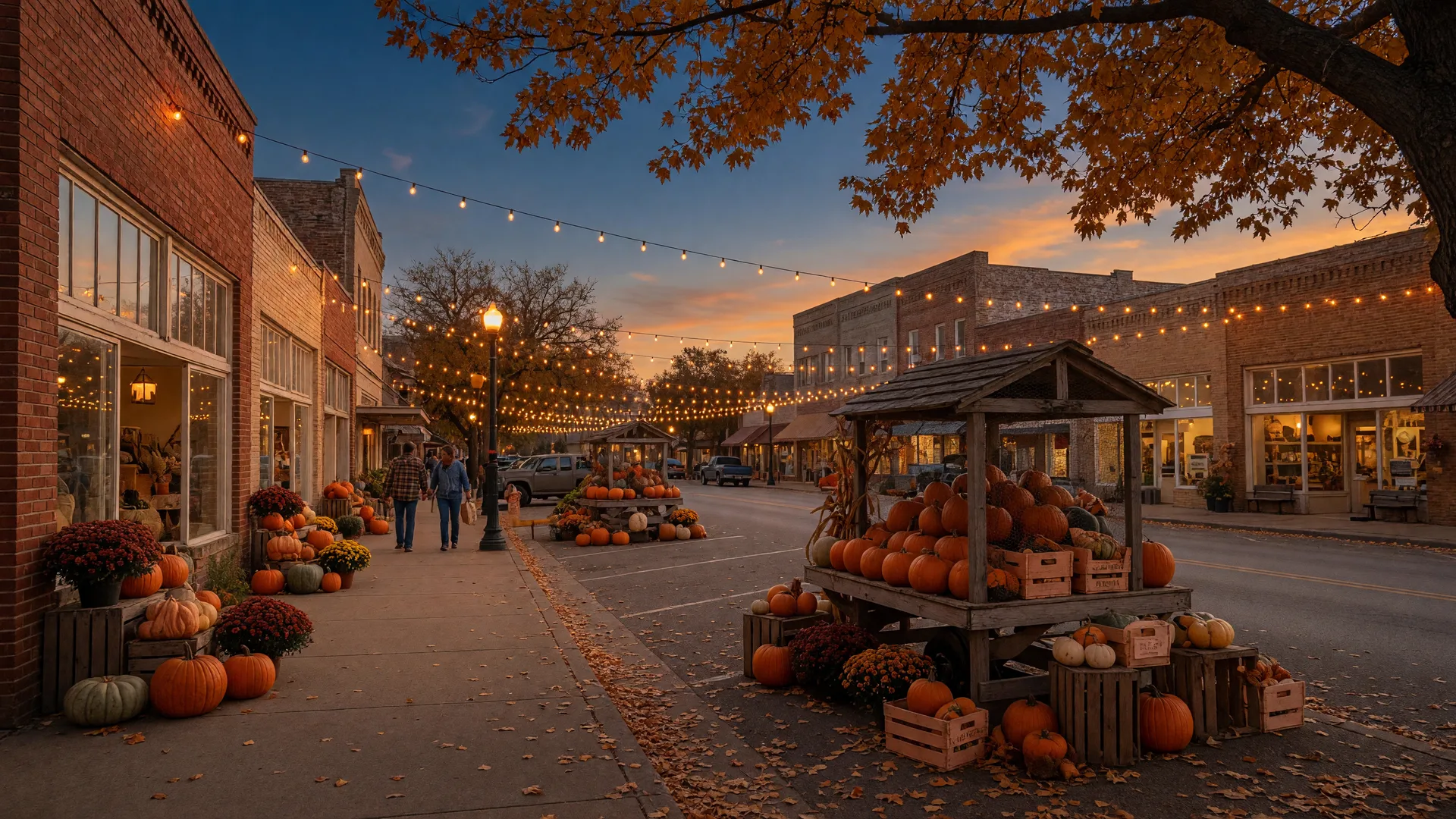 October evening on a small-town Texas Main Street with glowing string lights, autumn pumpkins, and brick storefronts at golden hour
