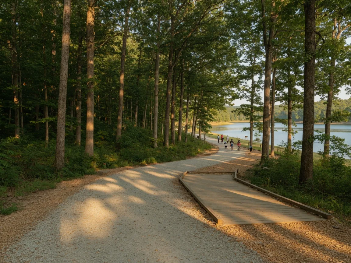 Wooded walking trail in Lake Ridge with the Occoquan Reservoir visible through the trees