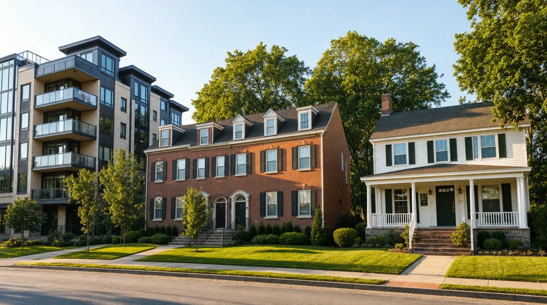 Three housing types side by side in a suburban New Jersey neighborhood: a modern condo building, brick townhouses, and a classic Colonial single-family home