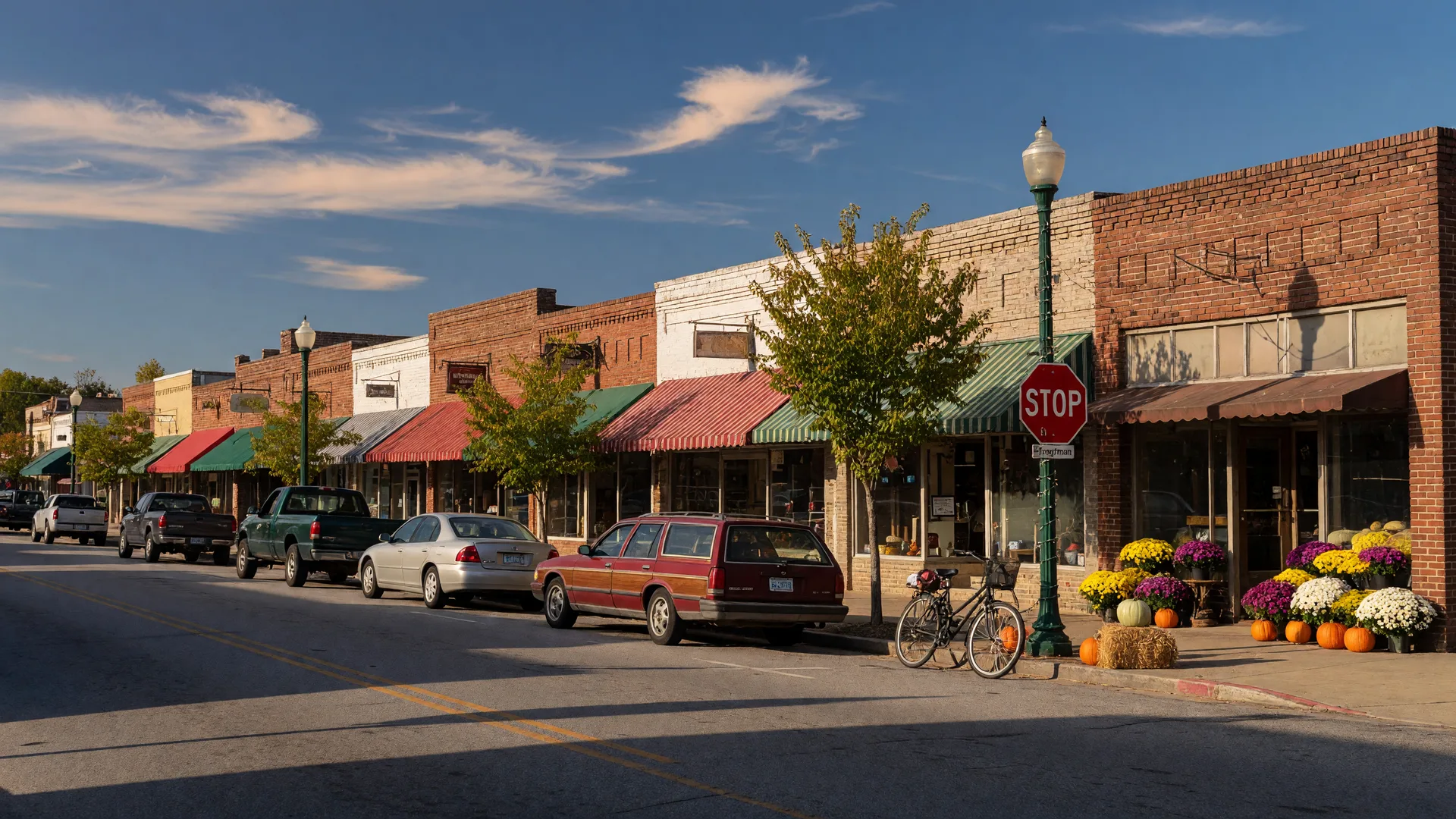 Troutman Main Street with small-town storefronts and mature trees