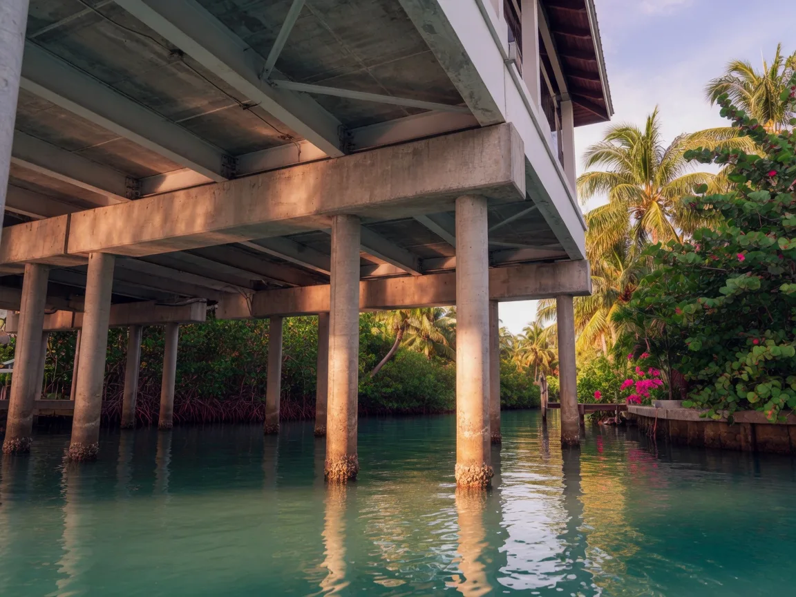 The elevated underside of a Florida Keys luxury waterfront home on concrete pilings above a calm canal, with tropical landscaping and mangroves in the background