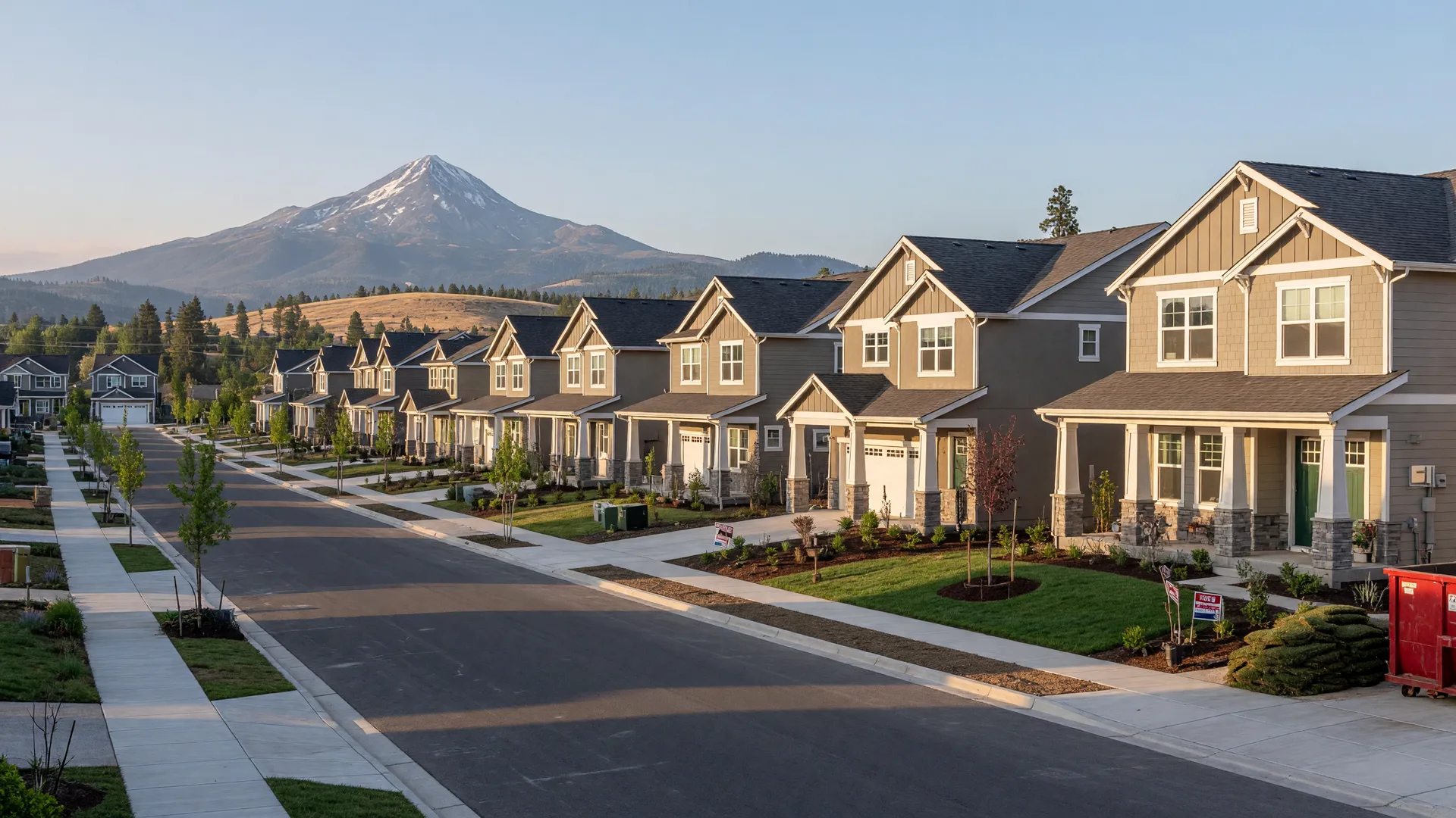 New Craftsman-style homes in a developing Southern Oregon neighborhood with Mount McLoughlin in the distance on a sunny morning