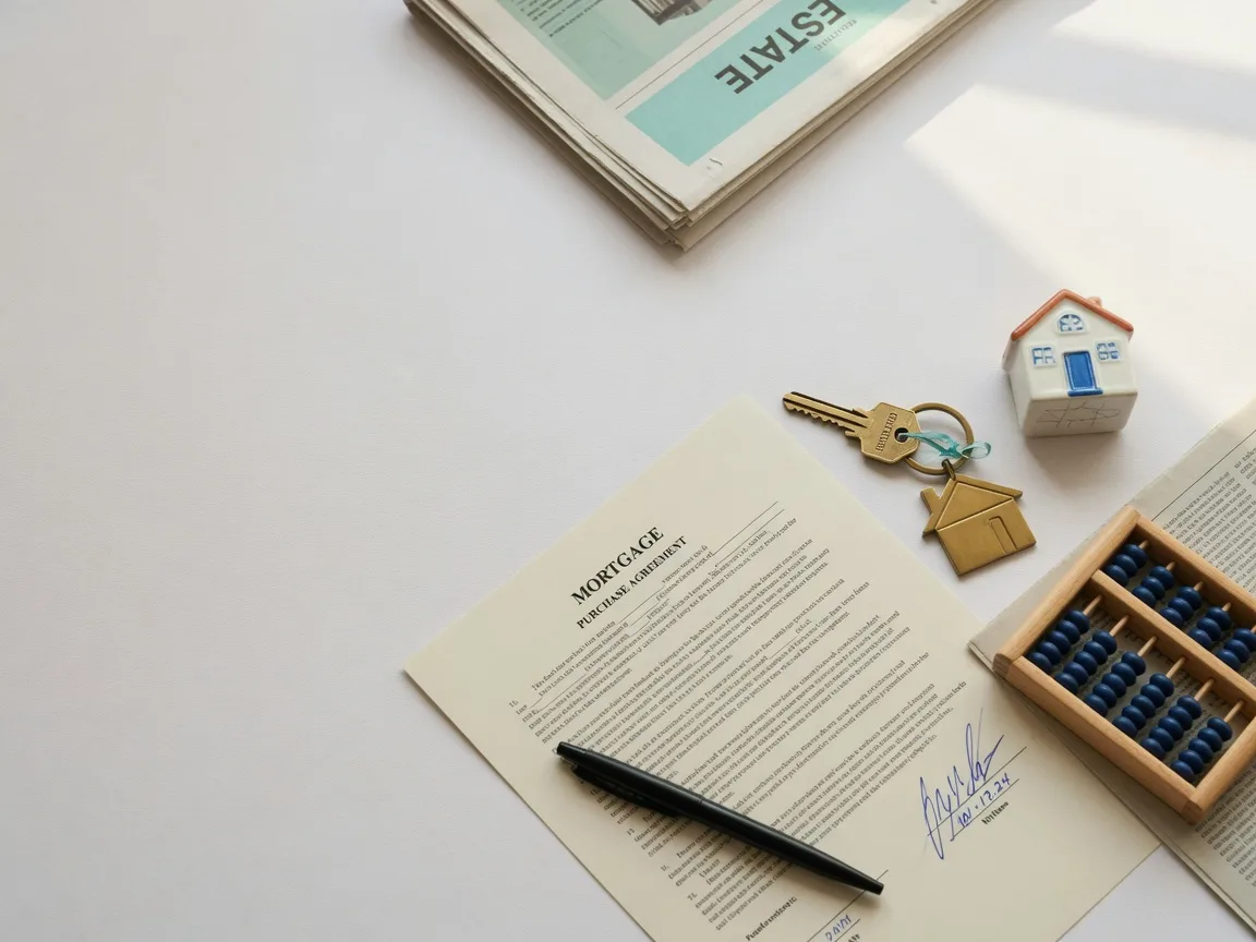 Mortgage paperwork with a house key, pen, and calculator arranged on a white table