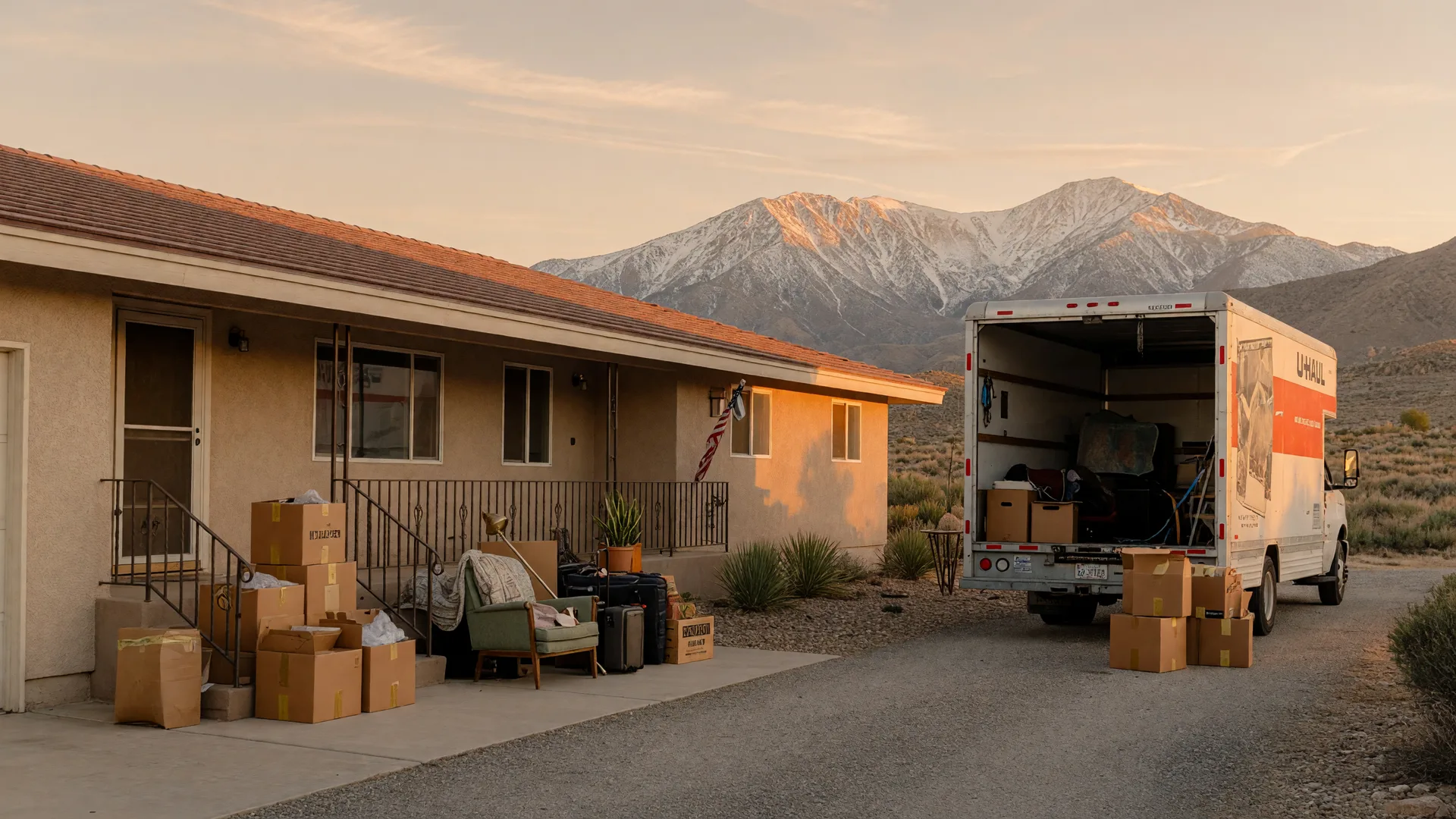 Moving boxes on the front step of a Nevada ranch-style home with a moving truck in the driveway and mountains behind.