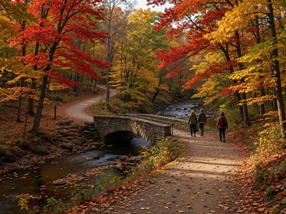 Rebuilt River Trail through South Mountain Reservation in West Orange NJ in mid-October with a forested path along the Rahway River, a rustic stone footbridge, hardwood trees at peak autumn color, and dappled golden light