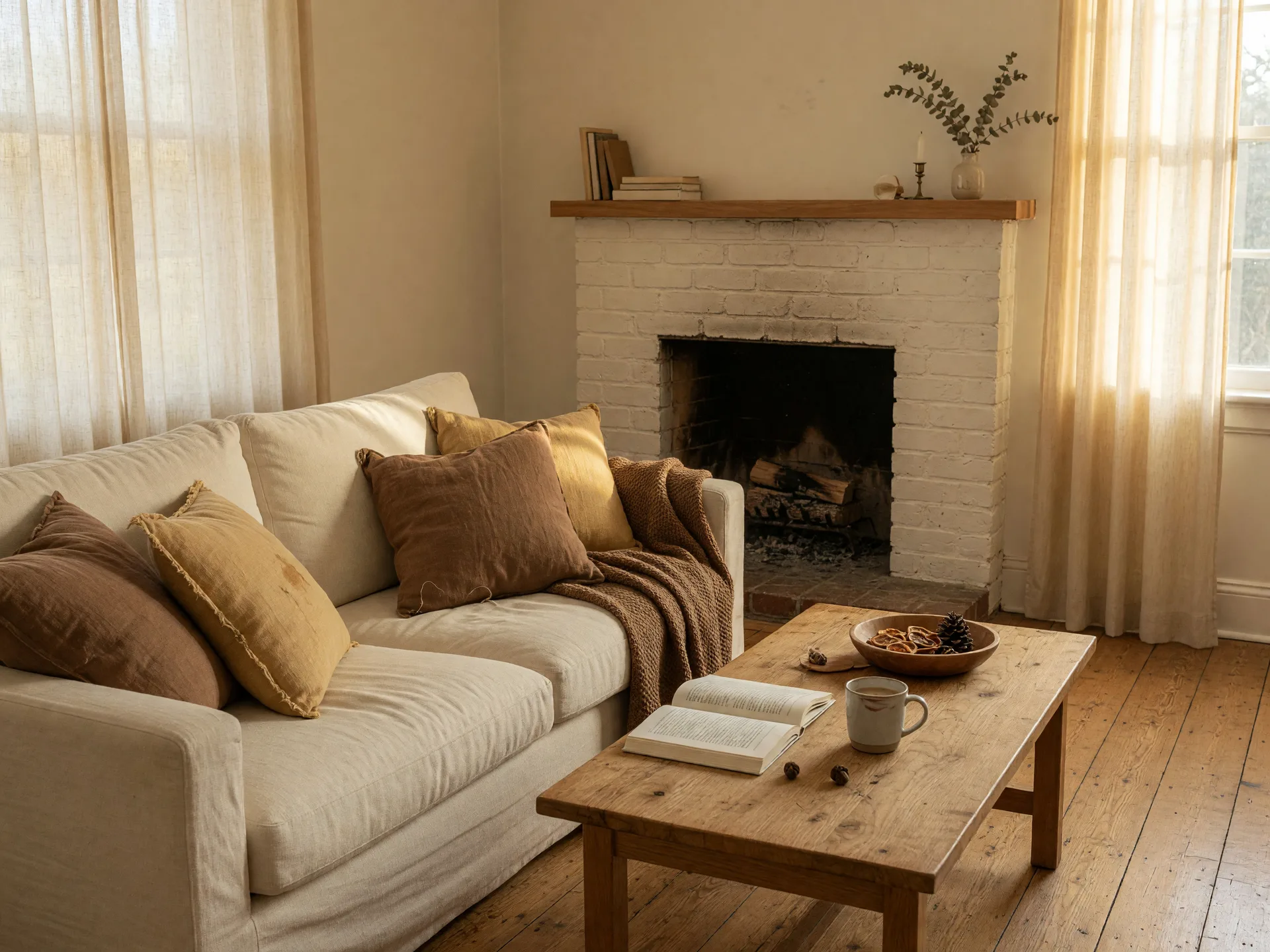 Staged living room in warm morning light