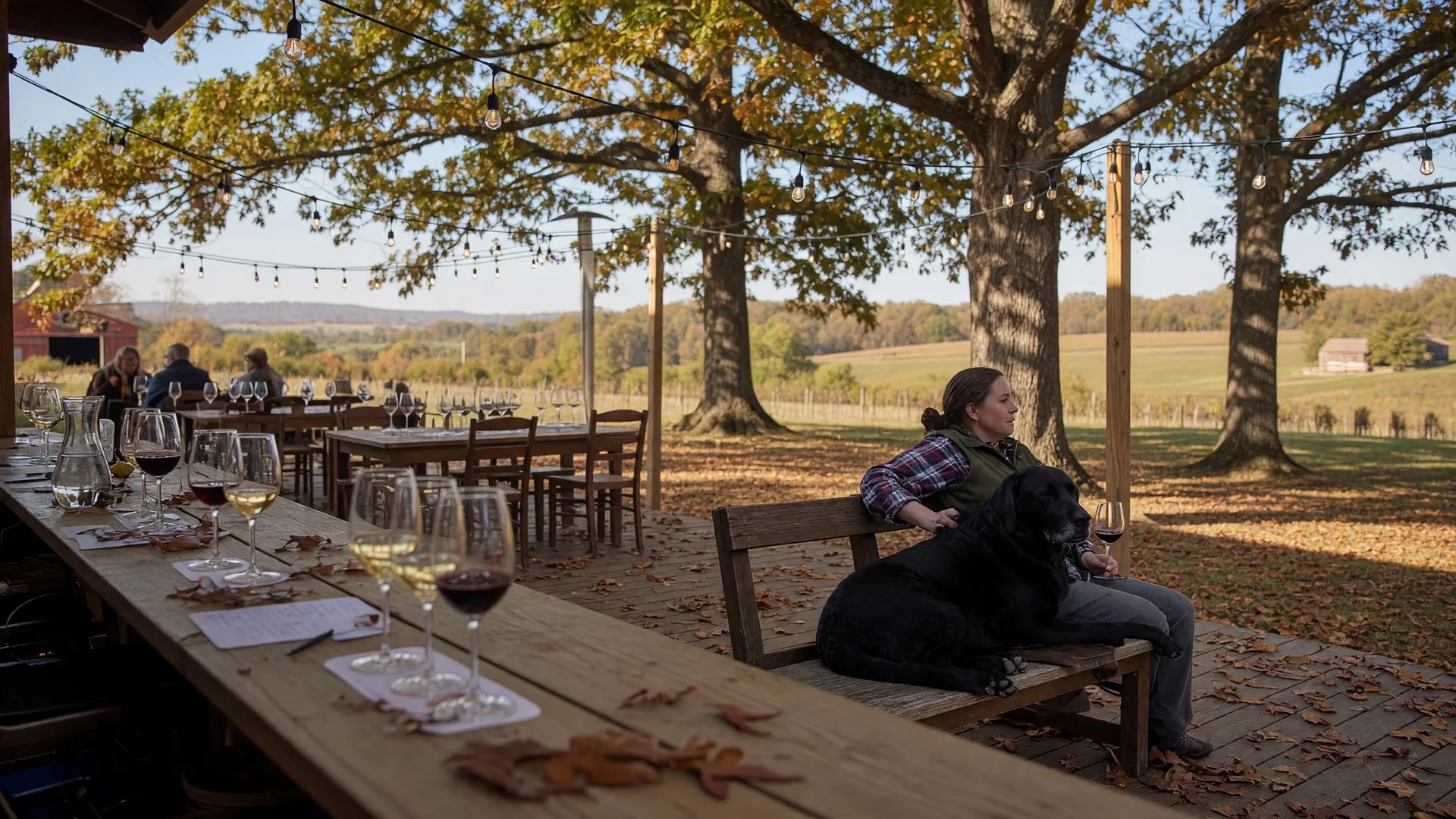 A cozy dog-friendly wine tasting patio with a black labrador sitting beside its owner on a bench under string lights on an autumn afternoon
