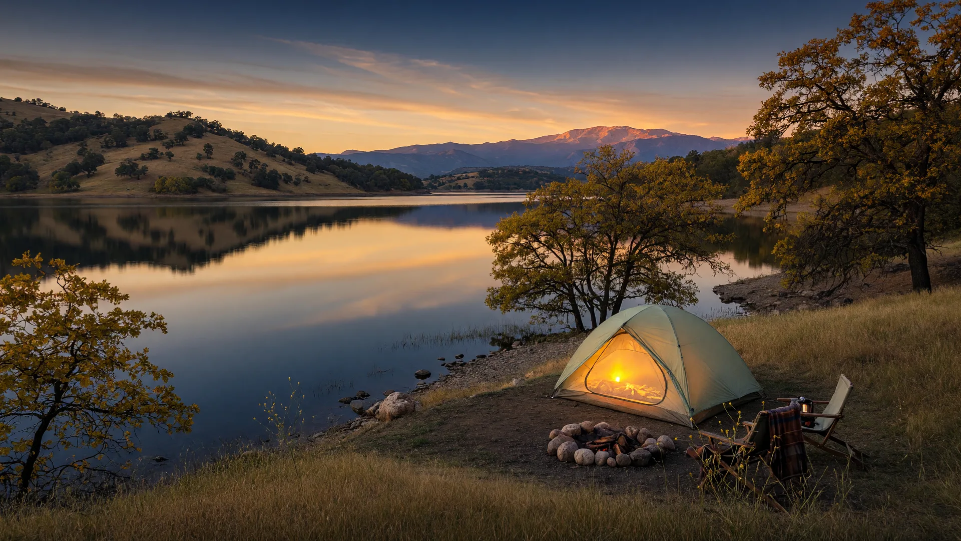 A glowing tent campsite at dusk beside a calm Southern California reservoir at golden hour, with oak trees and golden grass around the shore
