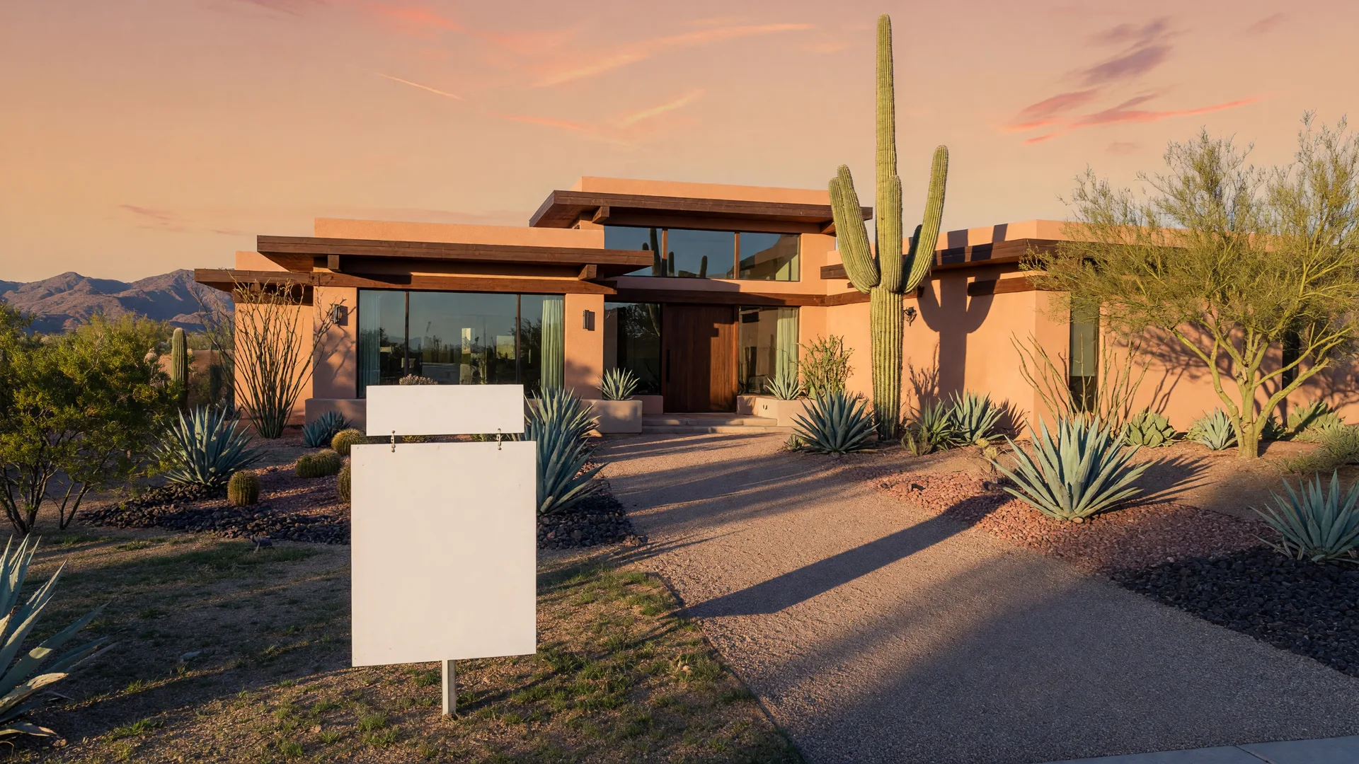 A modern desert home with a blank for-sale sign in the front yard at golden hour