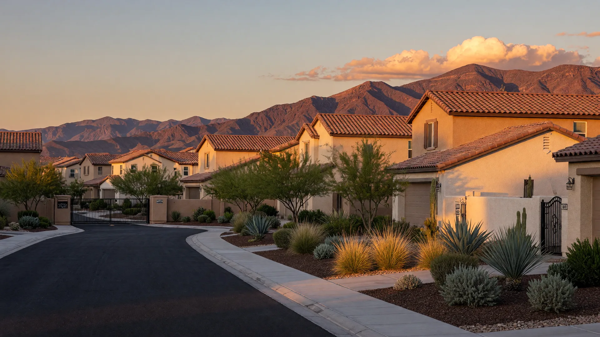 A gated North Las Vegas community of newer single-story stucco homes with desert landscaping along a quiet street, mountains on the horizon