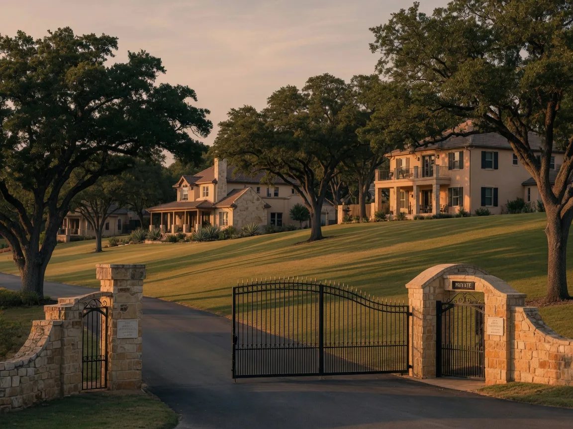 Limestone entry gate and tree-lined fairway of a gated community in Fair Oaks Ranch