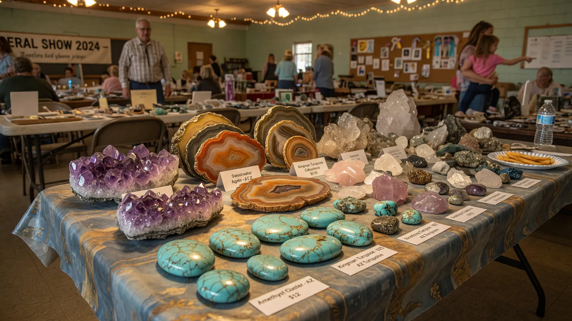 A colorful display of mineral specimens and polished gemstones arranged on a table at a small-town gem show