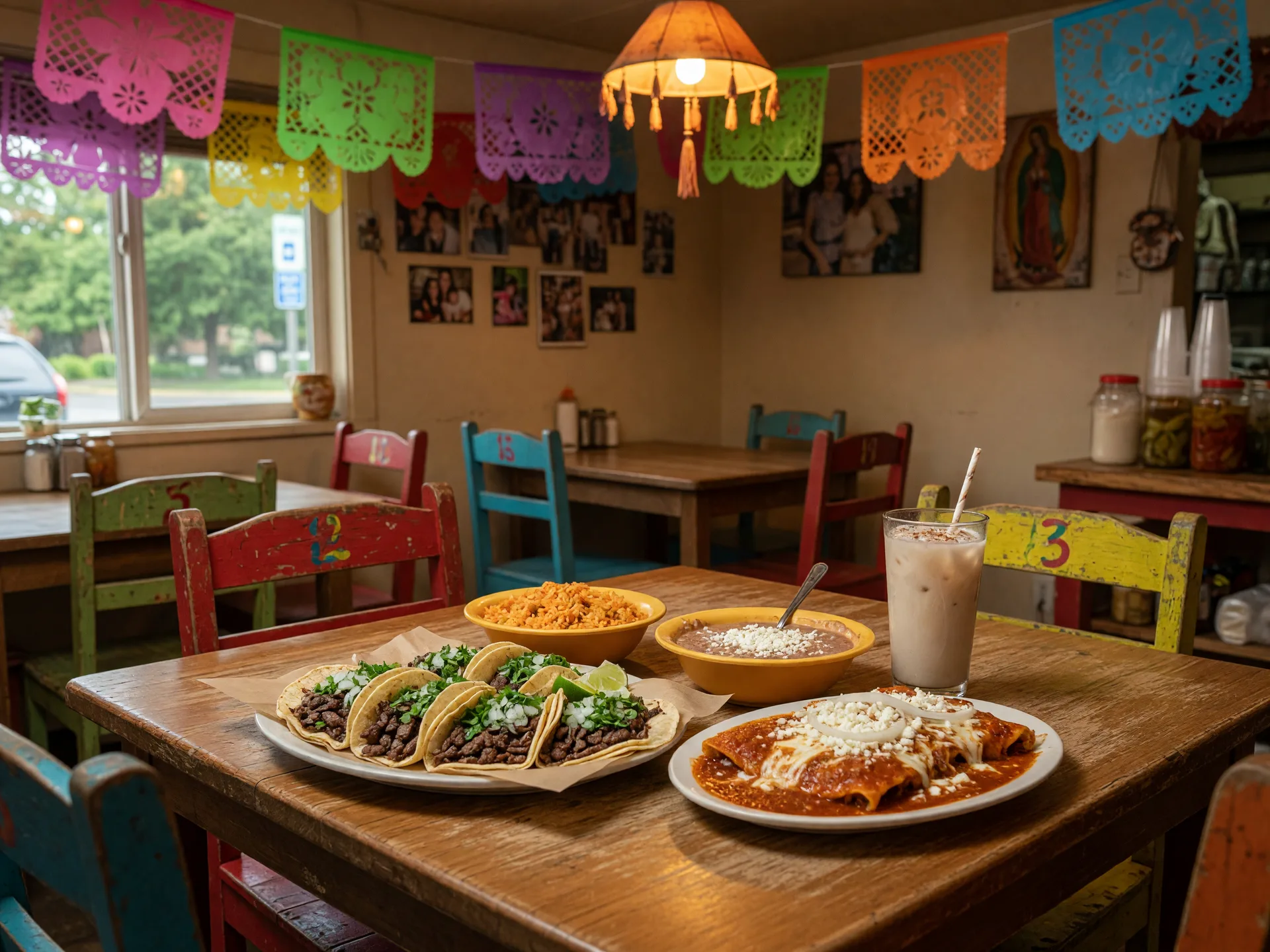 A table at a family-run Mexican restaurant in Cornelius with tacos, enchiladas, rice and beans, and a glass of horchata