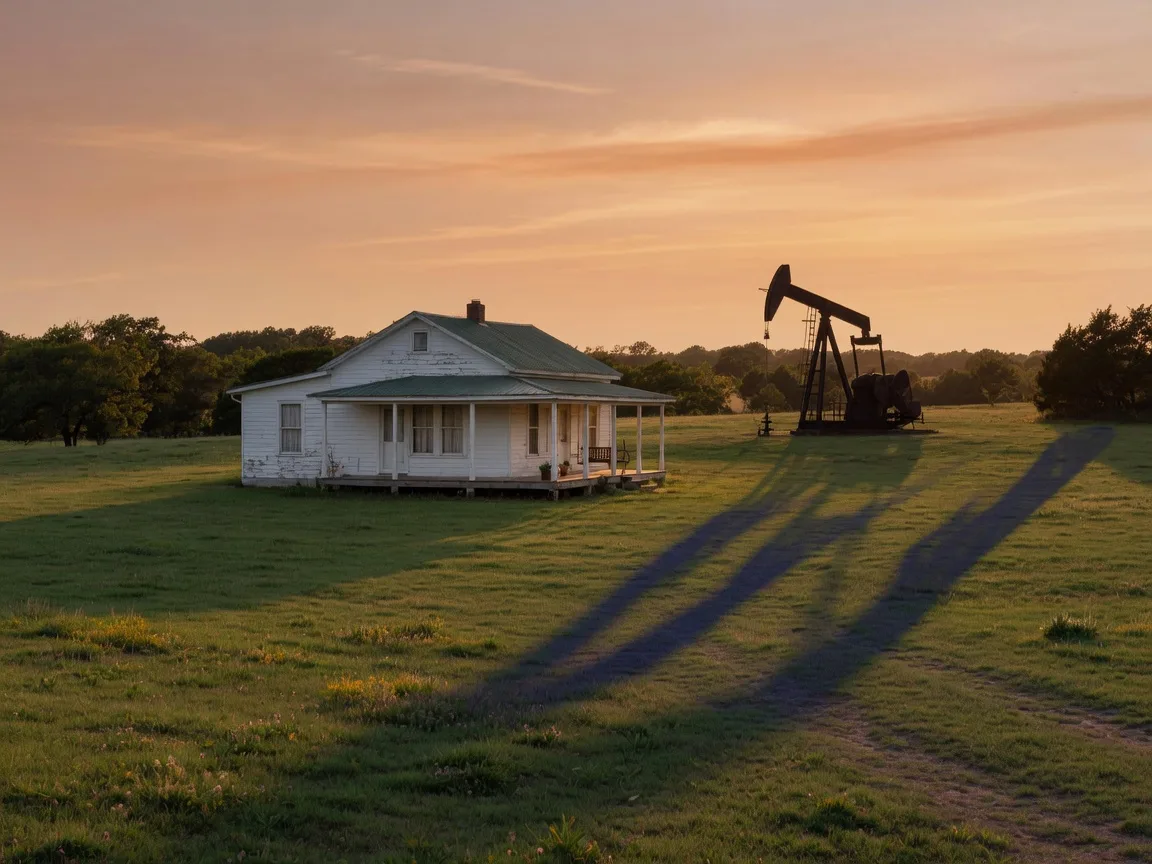 White farmhouse on an Oklahoma pasture at golden hour with a traditional oil pumpjack silhouetted in the distance