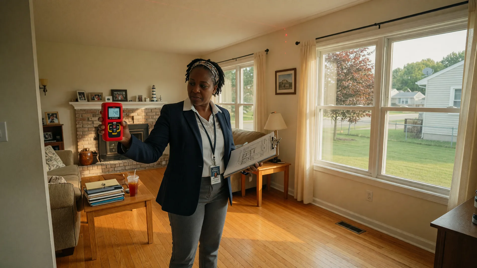 Real estate appraiser measuring a room with a laser device and clipboard in a sunlit suburban Northwest Indiana home on a late summer afternoon
