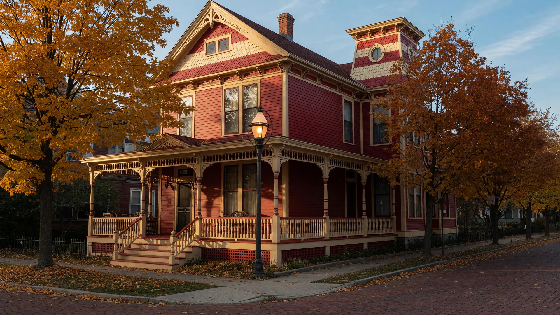 A restored red and cream Victorian Queen Anne home with a wraparound spindle porch and fish-scale shingles on a tree-lined Springfield Ohio street in autumn