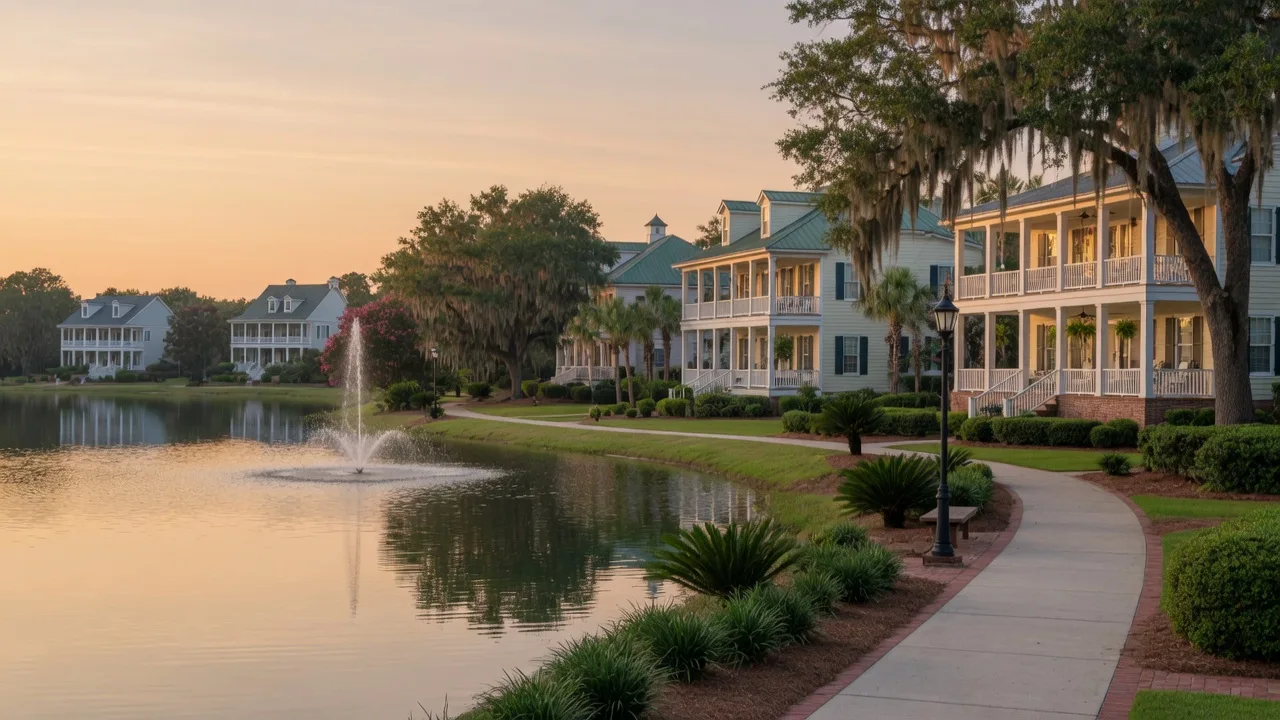 A calm lake and walking trail in Cane Bay Plantation at golden hour, with Lowcountry-style homes and live oaks in the distance