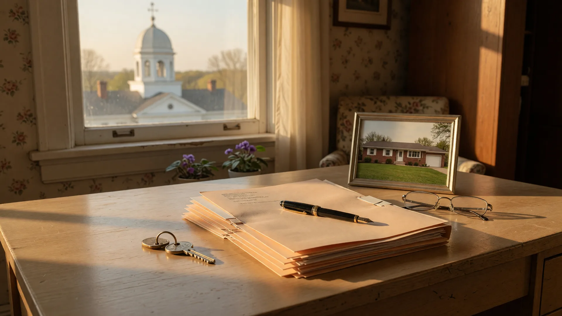 A thoughtful photograph of a brass house key, estate documents in manila folders, a fountain pen, and reading glasses on a wooden desk in a Northwest Indiana home, with a county courthouse visible through the window