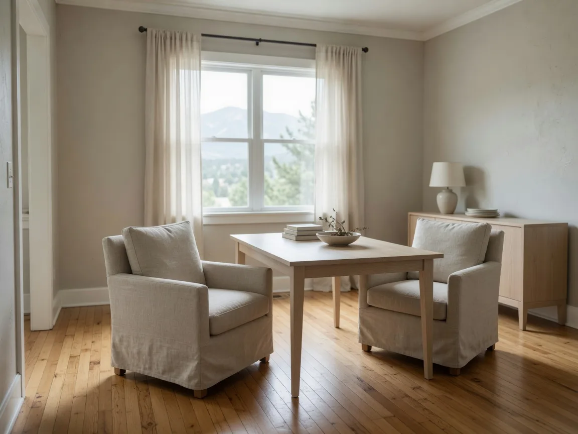 A staged dining room in a Colorado Springs home,facing a bright window,calm and neutral