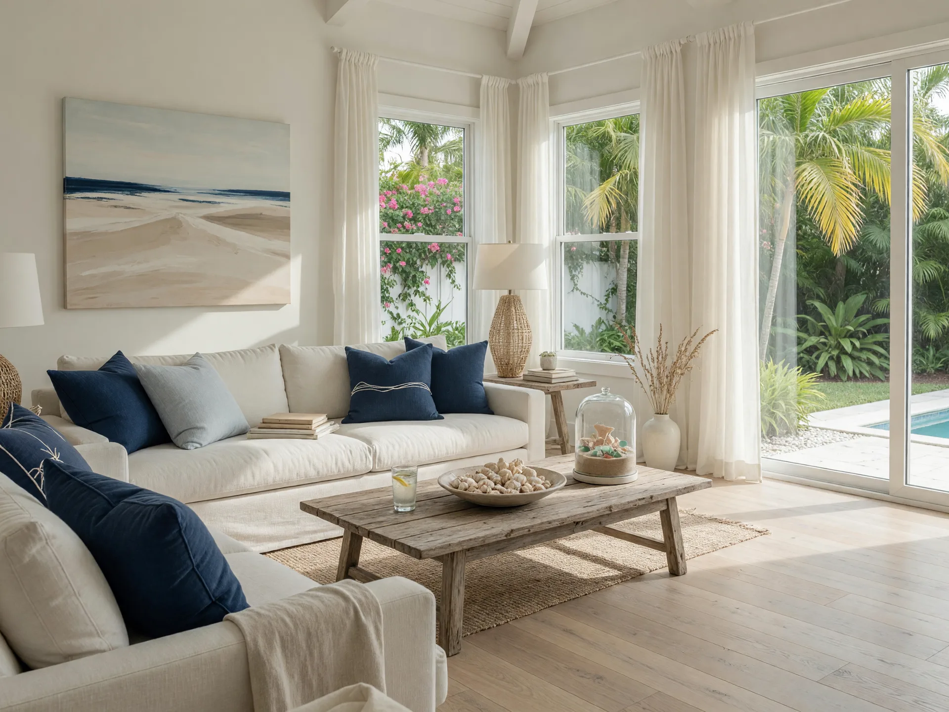 Bright open-concept living room in a downsized Florida home with light oak floors, a white sofa, and coastal accents