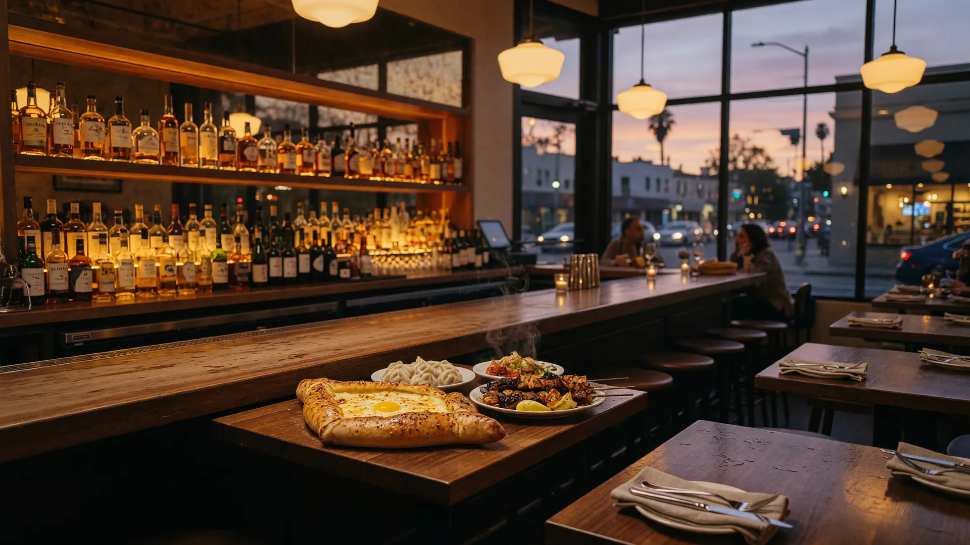 A convivial restaurant bar at dusk in Pasadena with a long wood bar, glowing amber bottles, and a table set with Georgian cheese bread and small plates