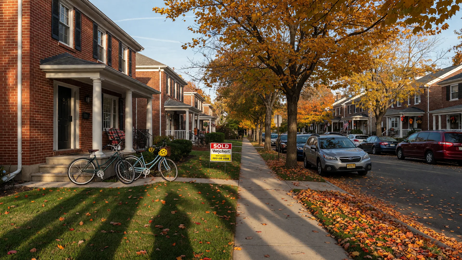 A brick Colonial home on a tree-lined Essex County street in mid-October with a SOLD sign on the front lawn, golden maple light, and fallen leaves