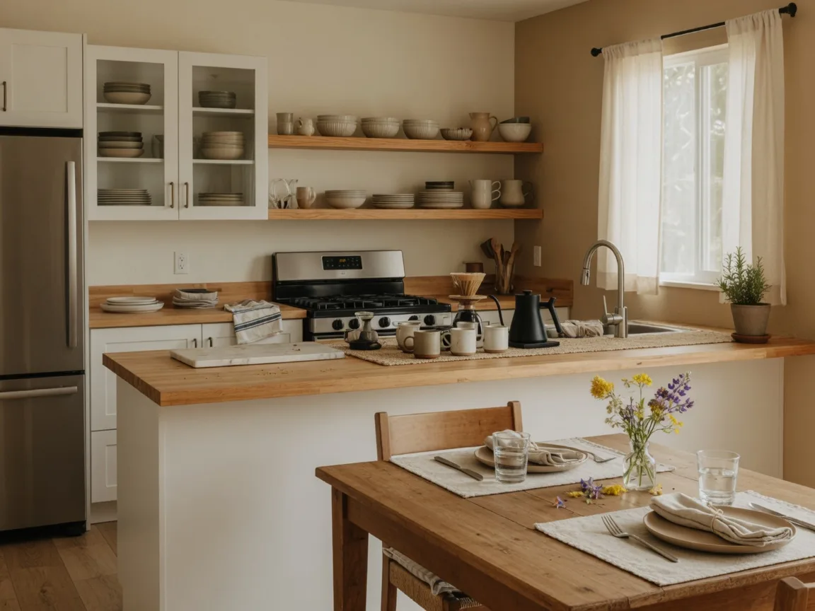 A furnished rental kitchen with white cabinets, a butcher-block island, and a dining table set for two
