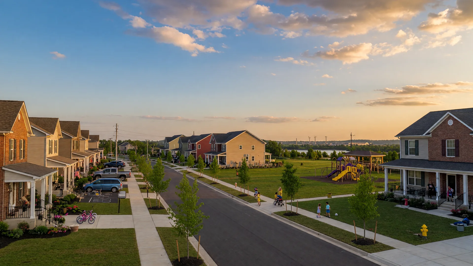 Family-oriented new construction community in Evansville, Indiana with traditional brick and siding homes near the Ohio River