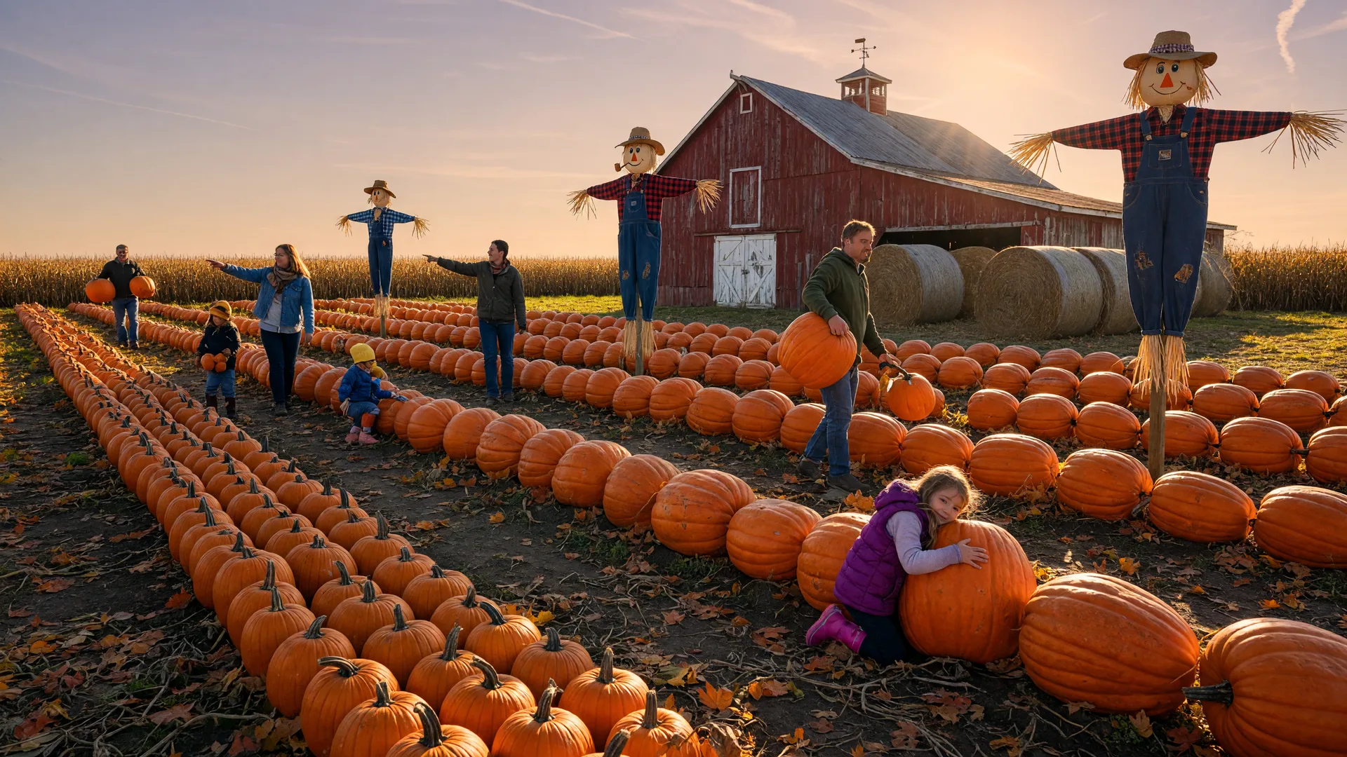 Large pumpkin patch at a Delaware County farm with a red barn, hay bales and oversized scarecrow figures in warm autumn light