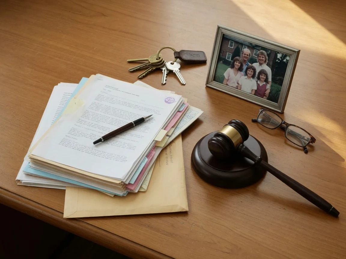 Estate documents, gavel, house keys, and family photos on a desk