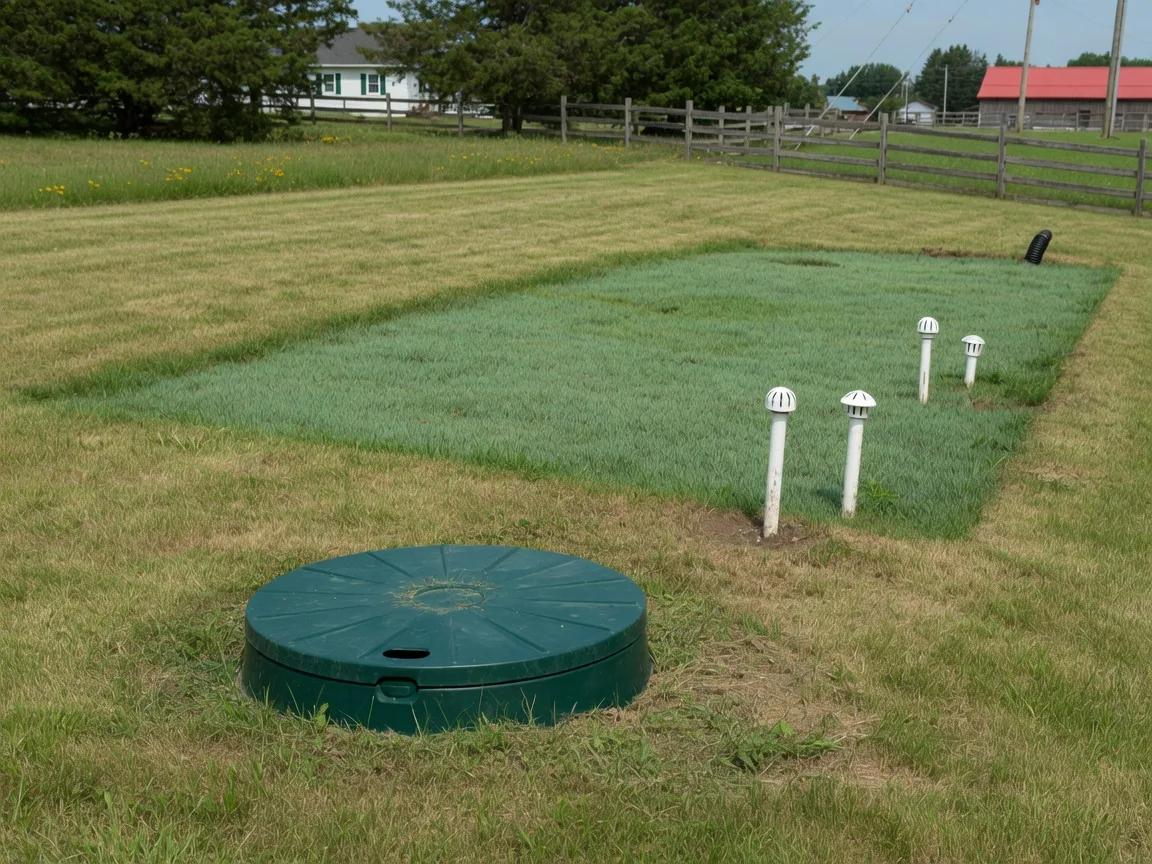 Modern septic system installation in rural Ontario with visible access lid and leach field vent pipes on a grassy property