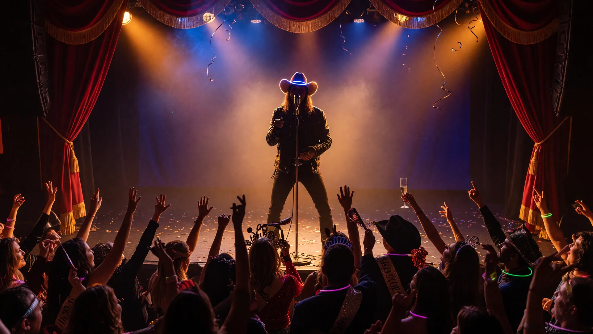 A country-rock singer silhouetted at a microphone on a grand casino theater stage for a New Year's Eve concert with warm amber and blue lighting