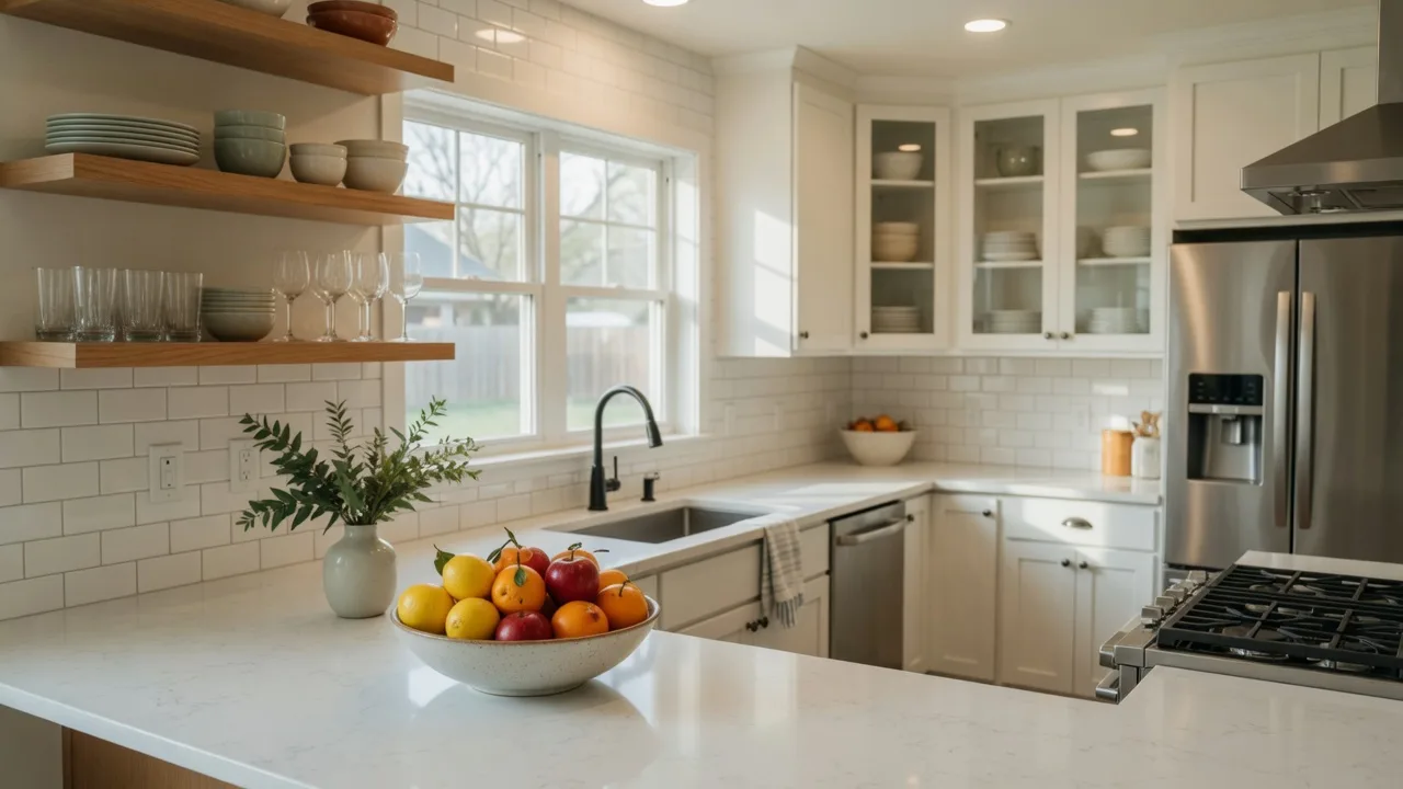 Freshly staged modern kitchen with white cabinets, quartz counters, and stainless appliances