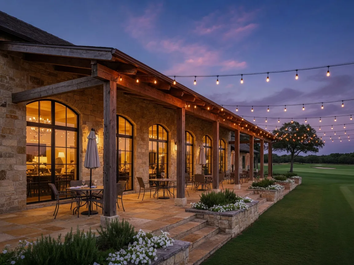 The Mill Creek country club clubhouse glowing with warm lights at dusk, with greens beyond the covered patio