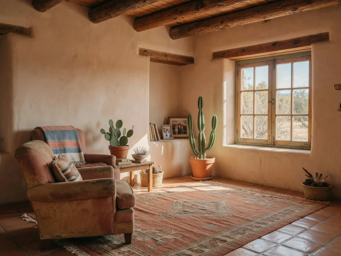 A warm Southwestern living room with adobe walls, vigas, and soft natural light