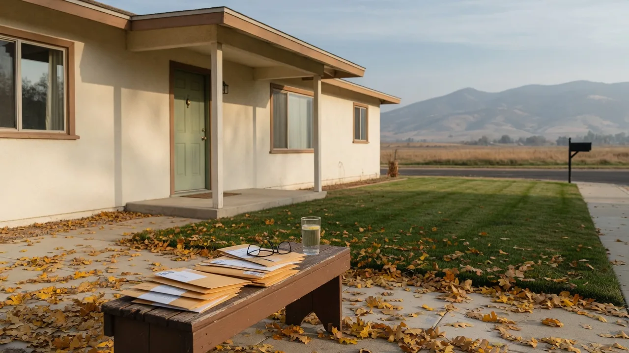 A cream stucco ranch home in Merced County on a late-October morning, a neat stack of unopened tan mail envelopes sitting on a wooden porch bench with reading glasses, golden oak leaves on the walkway, and the hazy Sierra Nevada foothills on the horizon