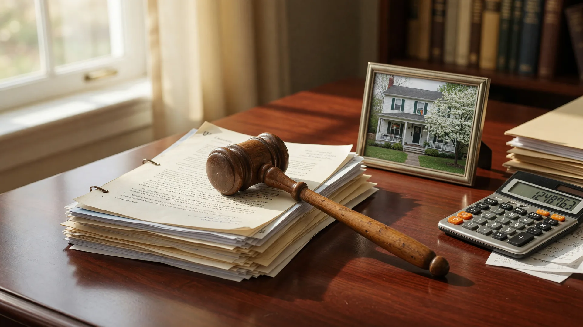 Legal documents, a gavel, a framed photo of a family home, and a calculator arranged on a mahogany desk representing estate planning and probate attorney costs