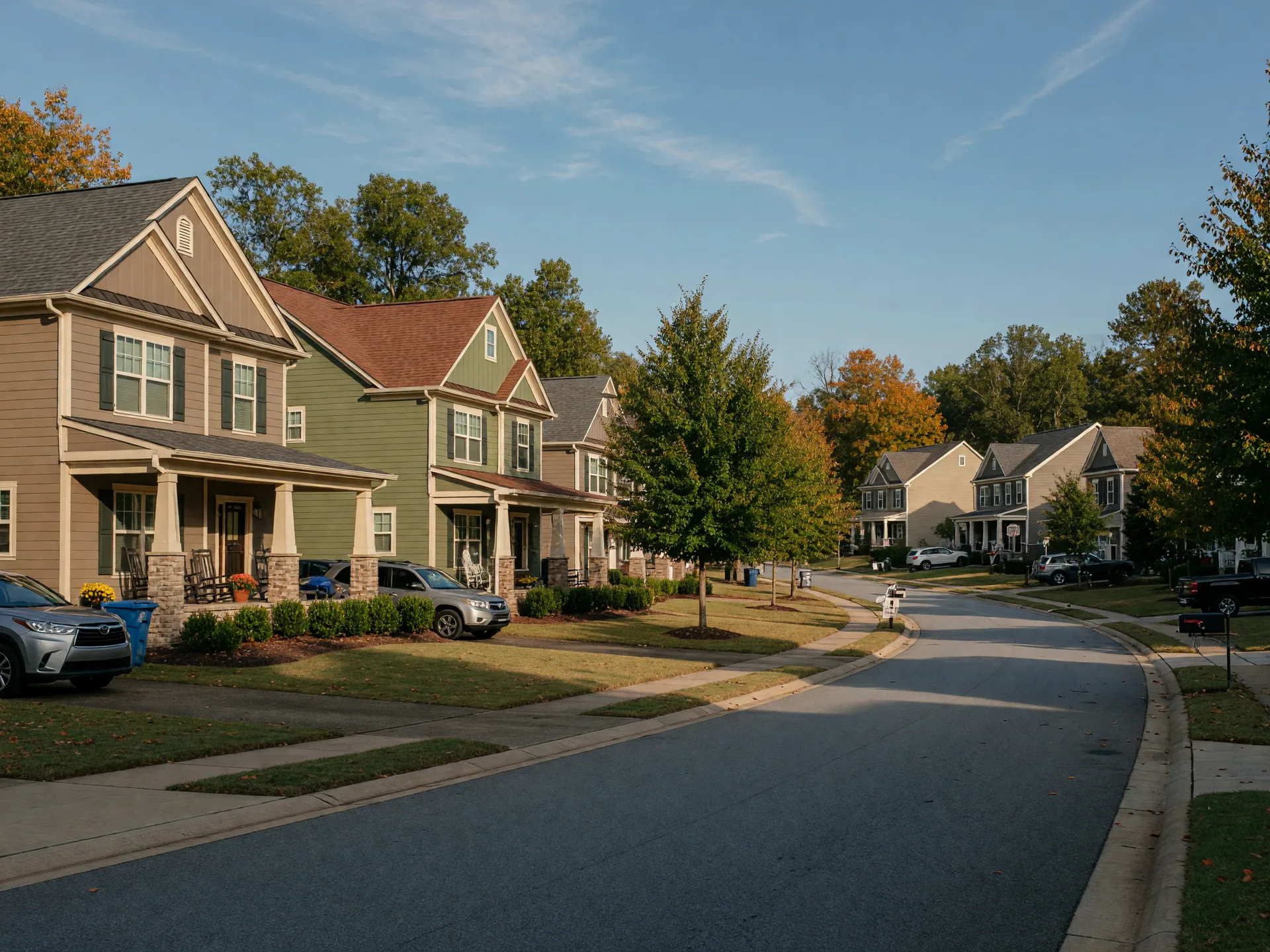 A quiet suburban street in Henry County with craftsman-style homes and early fall foliage at golden hour