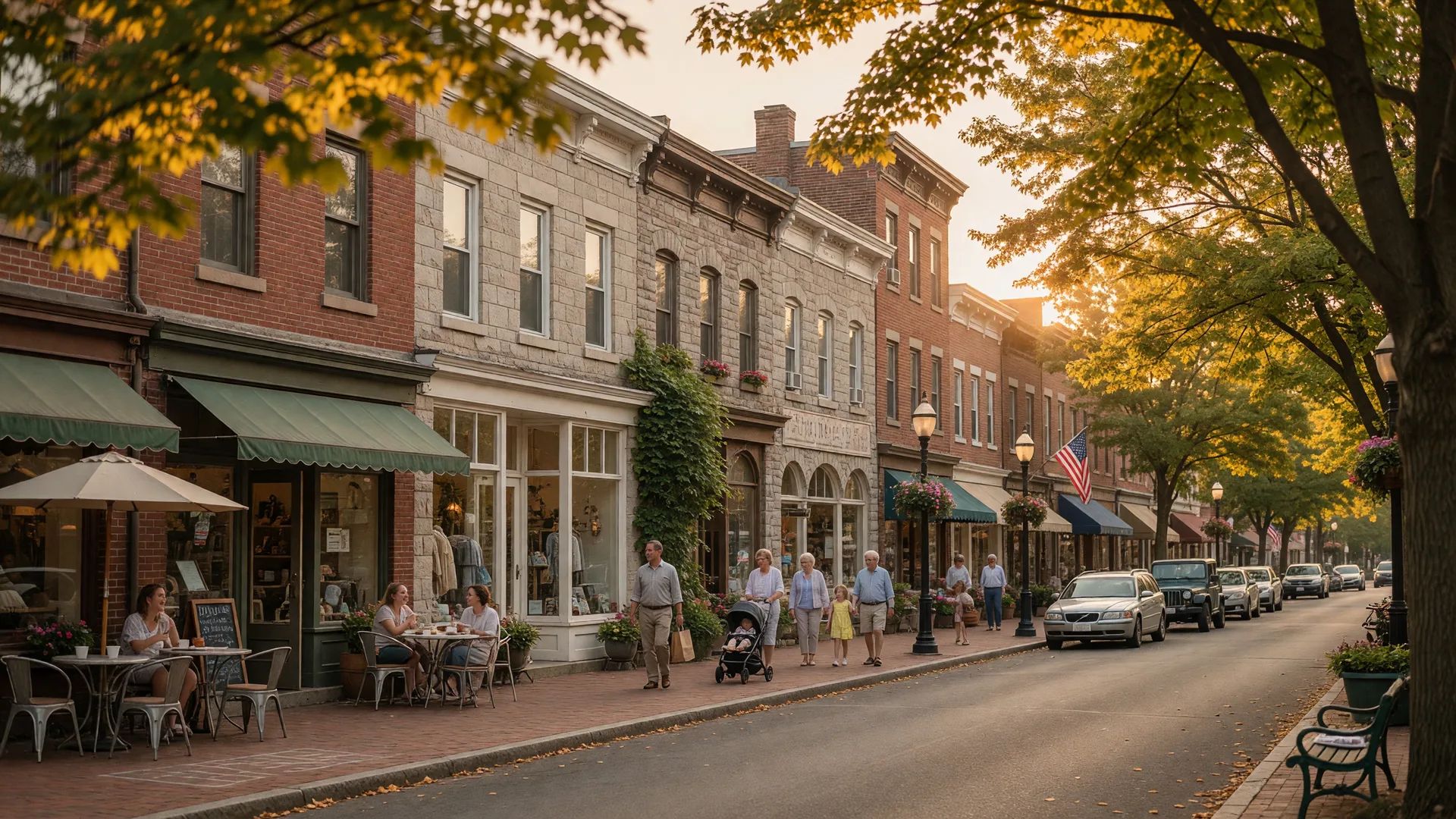 Charming downtown Moorestown NJ street with boutique shops and café seating