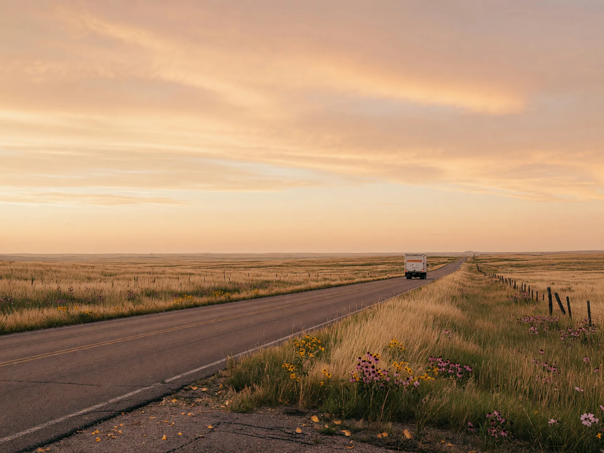 A quiet two-lane highway crossing the South Dakota prairie at golden hour