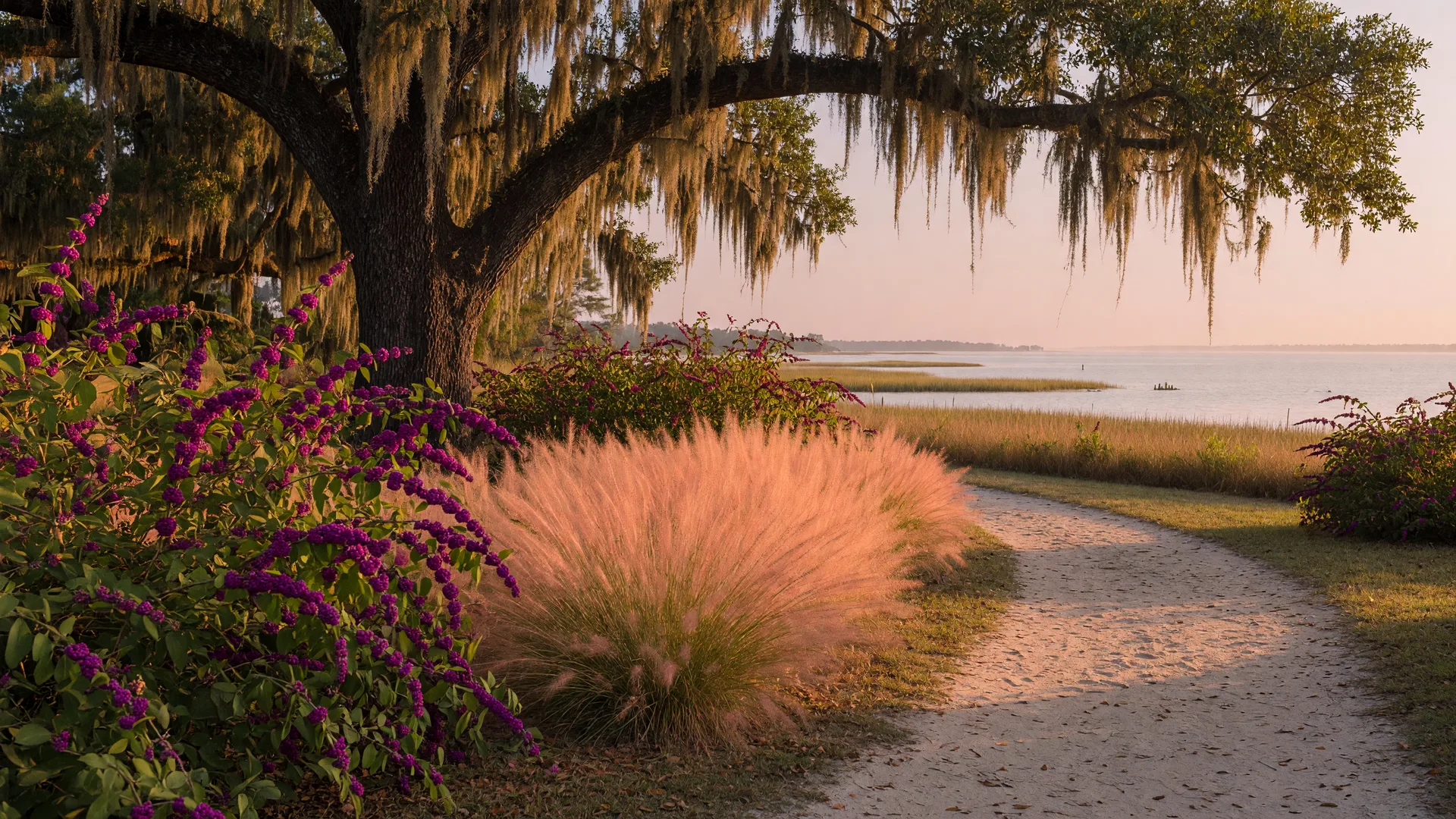 A live oak draped in Spanish moss framing a coastal Mississippi garden in October, with purple beautyberry clusters and golden muhly grass beside a sandy path toward the Sound