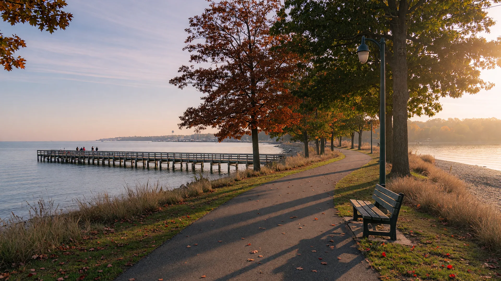 An autumn lakeside walking path in Euclid leading toward a wooden fishing pier on Lake Erie