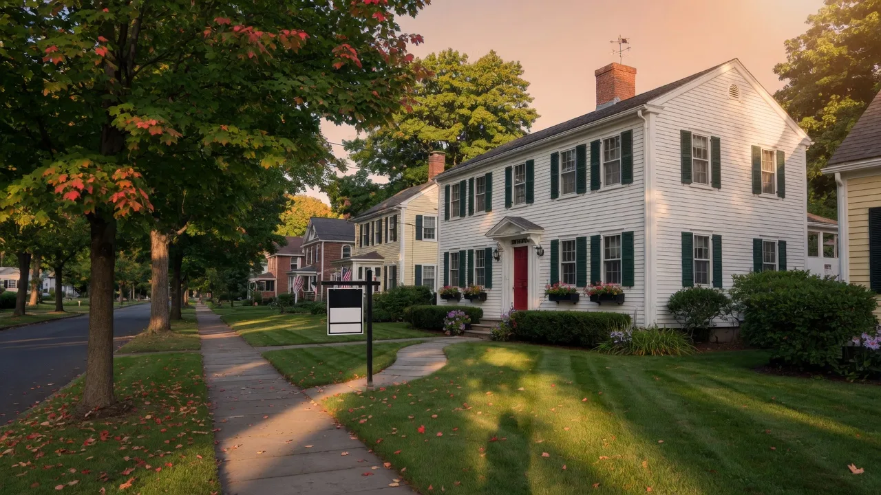 A classic New England colonial home in a New Haven neighborhood at golden hour with late summer light and early autumn color on the trees