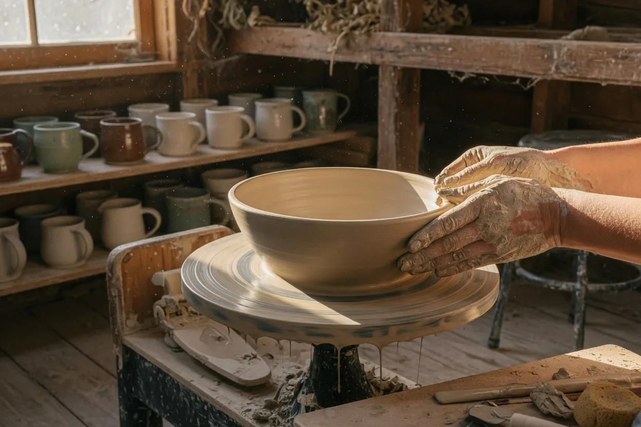 Artisan's hands shaping clay on a pottery wheel in a Hill Country studio