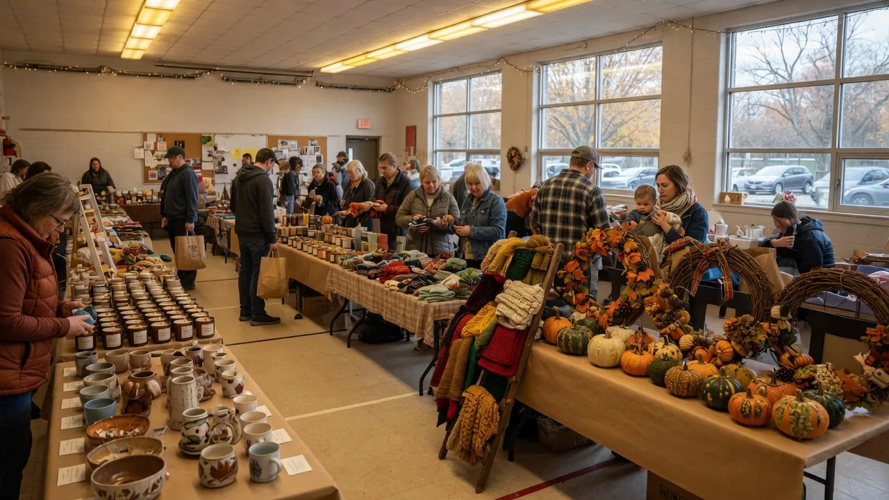 Artisan tables with handmade crafts, pottery, and fall wreaths inside a bright community recreation center