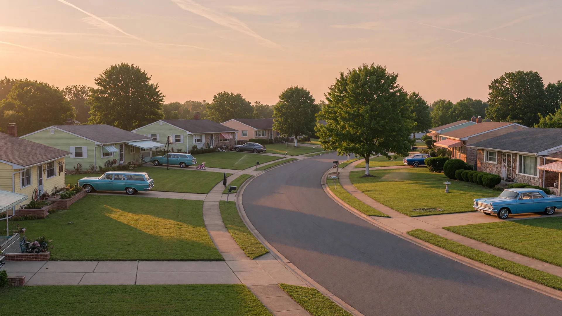 A tree-lined mid-century suburban street in Willingboro with ranch and split-level homes, wide lawns, and warm golden-hour light